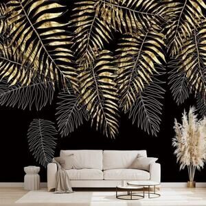 NEW Botanical Black & Gold Palm Leaves Photo Fabric Wall Mural 160" x 108"